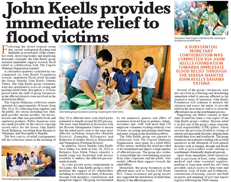 John Keells provides immediate relief to flood victims