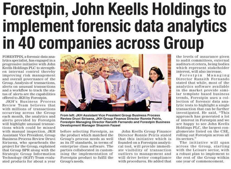 Forestpin, John Keells Holdings PLC to implement forensic data analytics in 40 companies across Group